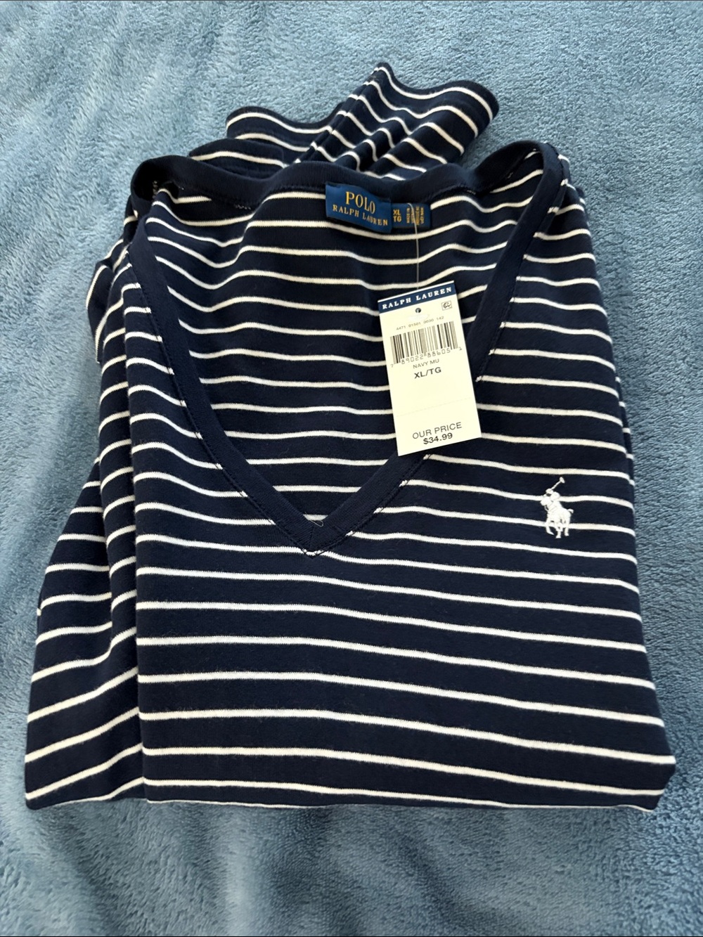 Ralph Lauren Navy and White Striped V-Neck Shirt - Picture 6 of 6